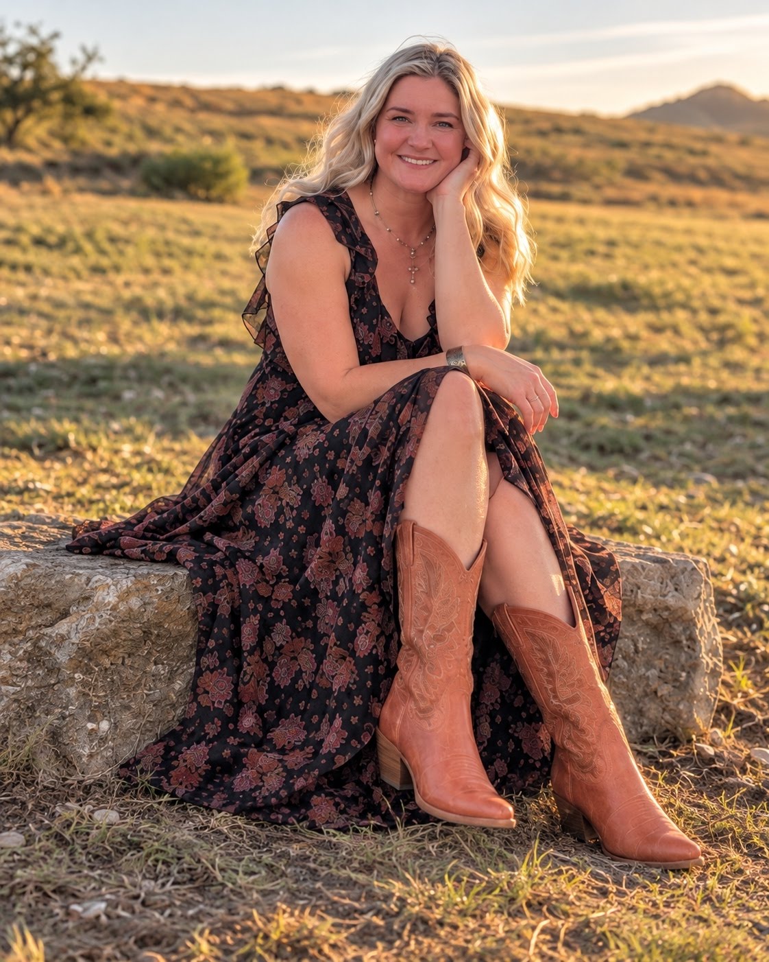 Wedding guest in tan western boots with the bride and officiant at an outdoor ceremony